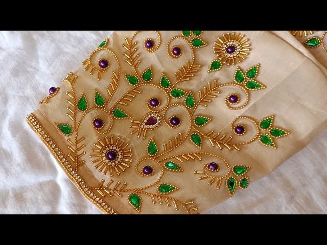 Very Grand Floral Aari work blouse design with normal needle on stitched blouse|maggam work blouse