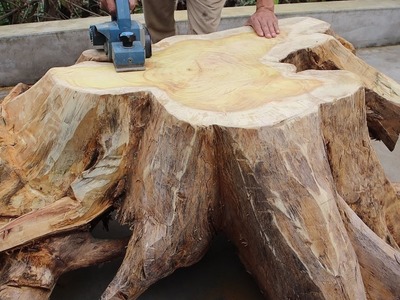 Amazing Idea Of Recycling Wood From Dry Stump Removed. Build Outdoor Large Wooden Table And Chairs