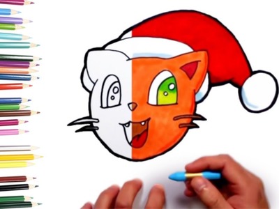 Cómo dibujar un gato con gorro - Dibuja y colorea navidad | How to draw a cat with hat for christmas