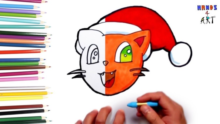 Cómo dibujar un gato con gorro - Dibuja y colorea navidad | How to draw a cat with hat for christmas