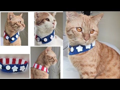 CROCHET CAT & DOG COLLAR!  INSPIRED US FLAG, 4TH OF JULY, PATRIOTIC PATTERN! VERY BEGINNER FRIENDLY!