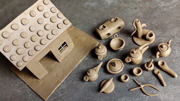 Amazing technique make kitchen set with polymer clay||miniature clay kitchen set with mini house ????????????