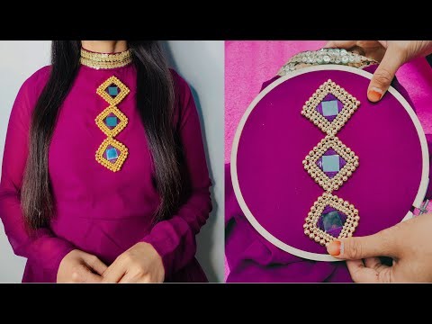 Neck embroidery tutorial.neck embroidery design. mirror work.handmade embroidery.mirror embroidery