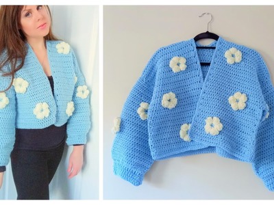 CROCHET EASY PUFF FLOWER CARDIGAN | Crochet The Bella Cardigan Tutorial Boho Coachella Inspired