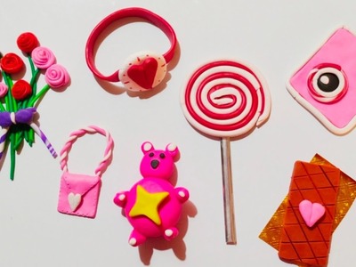 DIY How to make polymer clay miniature chocolate, pink teddy, candy, roses, mini bag || Clayolo