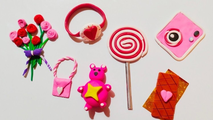 DIY How to make polymer clay miniature chocolate, pink teddy, candy, roses, mini bag || Clayolo