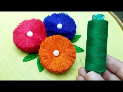 Super Easy Flower Design Idea With threads |pom pom Flower stitch Idea