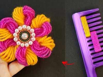 Super Easy Woolen Flower Making using Comb - Hand Embroidery Flower Making Trick - DIY Wool Craft