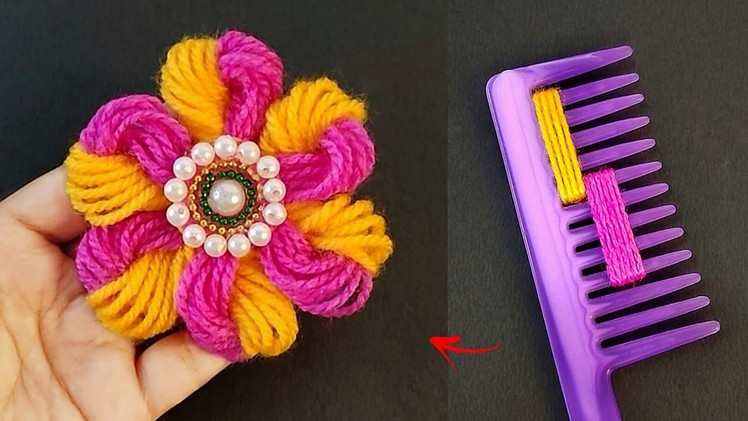 Super Easy Woolen Flower Making using Comb - Hand Embroidery Flower Making Trick - DIY Wool Craft