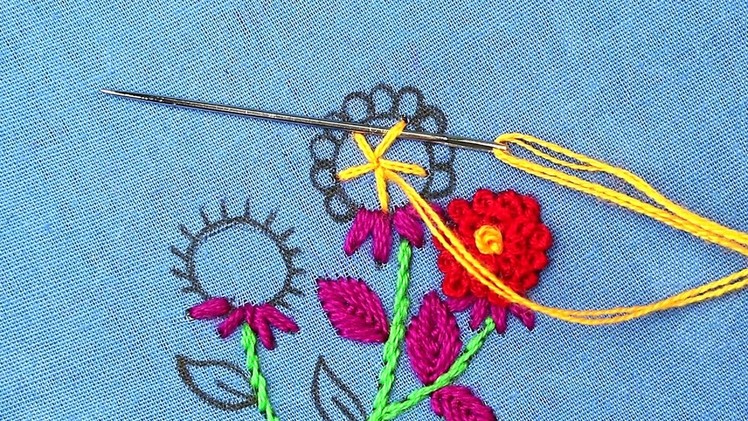 3 useful hand embroidery stitches: woven spider web stitch, fly stitch and bullion knot stitch