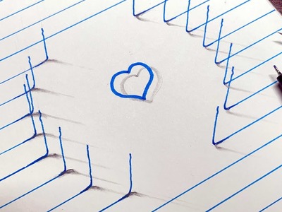 3D Drawing for Valentine's Day - 3D Lines on Line Paper - Blue Heart
