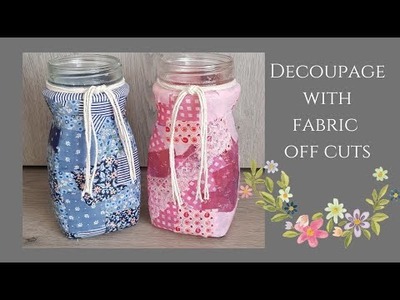 Decoupage a glass jar with fabric off cuts. #diy #nescafe #glassbottlecraftideas