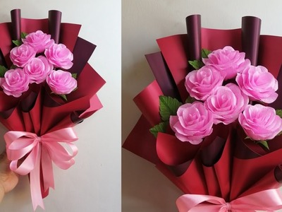 DIY Crepe Paper Roses Bouquet tutorial - Boquet making - Ribbon making