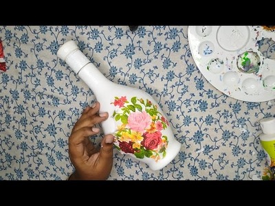 Easy decoupage bottle craft.Best out of waste.Beautiful flowerpot using waste bottle #trending #diy