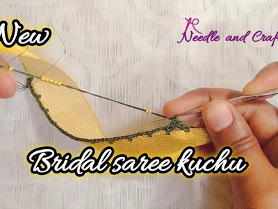 New & Elegant Bridal crochet saree kuchu design using gold beads |Double colour bridal krosha design