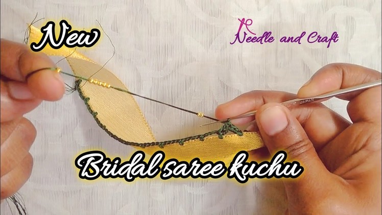 New & Elegant Bridal crochet saree kuchu design using gold beads |Double colour bridal krosha design