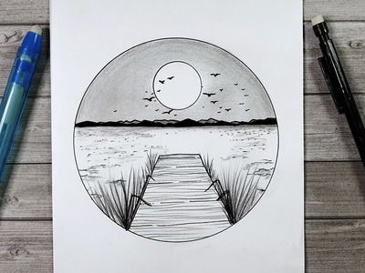 Simple dessin | Tutoriel de dessin d'un paysge de bord de lac | École de dessin
