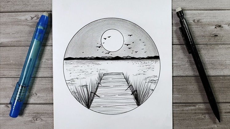 Simple dessin | Tutoriel de dessin d'un paysge de bord de lac | École de dessin