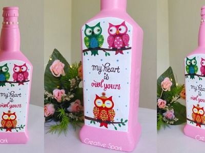 Valentine's Day Special Bottle Art. Cute Owl Couple. Diy Valentine's Day Gift Idea. Decoupage Art.