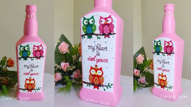 Valentine's Day Special Bottle Art. Cute Owl Couple. Diy Valentine's Day Gift Idea. Decoupage Art.