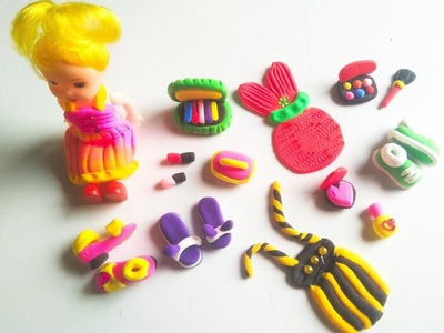 Diy how to make polymer clay miniature doll dress | Doll shoes | makeup set |Polymer clay | clay