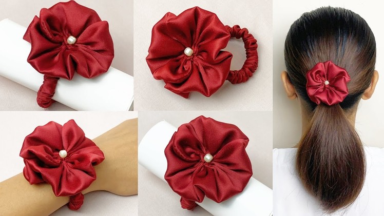 DIY Flower Satin Silk Scrunchies ✅ ✅ How to make Scrunchies sewing tutorial. DIY Hair Accessories