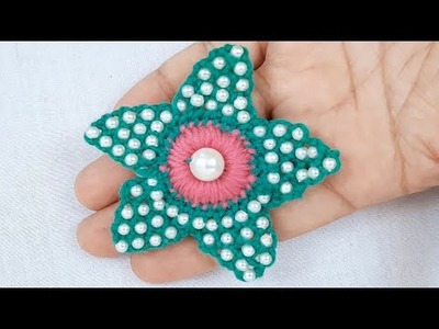 Easy Flower Embroidery Tutorial with Pearl Bead - Hand Embroidery Amazing Trick - Sewing Hack#Shorts
