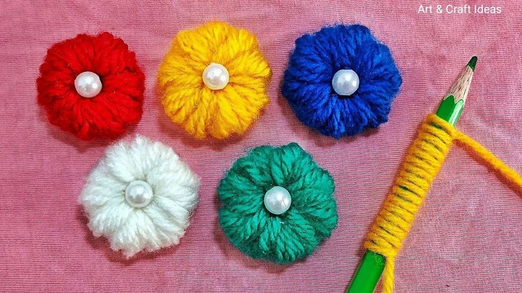 Super Easy Woolen Flower Craft Ideas With Pencil | Sewing Hack | Hand Embroidery Tutorial