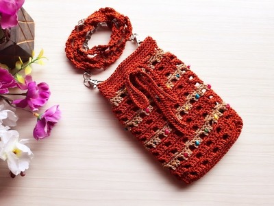 Crochet drawstring mobile pouch with beads - step by step tutorial