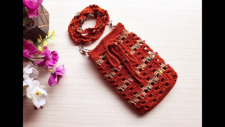Crochet drawstring mobile pouch with beads - step by step tutorial