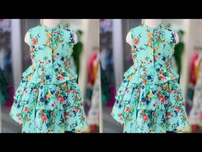 How to cut and sew three layered gathered dress for a girl | hidden button placket | Bishop collar