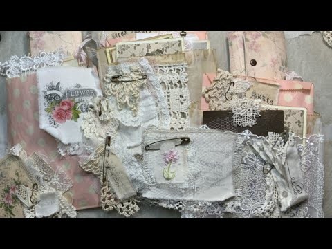Shabby chic ephemera packs, lace & fabric labels clusters, altered bags -  Angie happy mail inspired