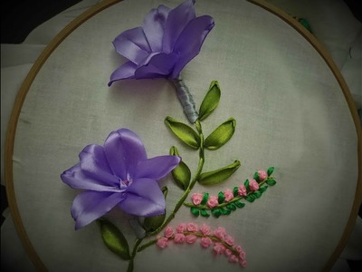 #Satin Ribbon Hand embroidery #Ribbon work purple flowers- Leisha's Galaxy embroidery.