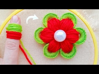 Super Easy Woolen Flower Making Trick with Finger - Hand Embroidery Amazing Flower - Sewing Hack