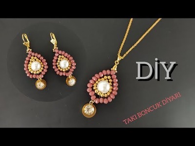 Damla kolye & küpe seti yapımı. Drop beaded pendant(necklace) and earrings. How to make beaded set