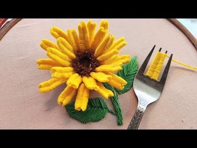 3D Gorgeous Sunflower ????????????????????????????????hand embroidery with fork ????????????????????