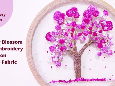 Cherry Blossom Tree Embroidery Tulle Fabric. Excellent Free Hand Embroidery Pattern for Beginners