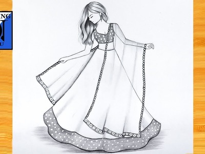 How to draw a Girl with Beautiful Traditional Dress || girl with Beautiful lehenga || Mandala art