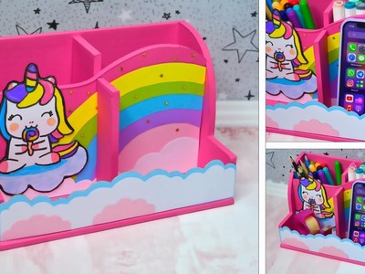 How to make a cute Unicorn organizer out of cardboard and colored paper. Cardboard crafts