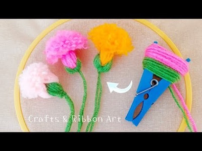 Super Easy Woolen Flower Making Ideas - DIY Flowers with Yarn - Hand Embroidery Amazing Trick