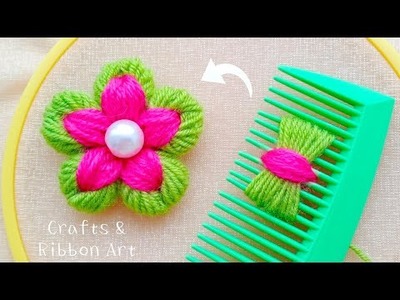 Super Easy Woolen Flower Making Trick Using Hair Comb - Hand Embroidery Amazing Flower Design