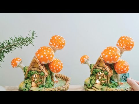 DIY Mushroom Cottage House Money Box. Night Lamp. Indoor Fairy Garden - Paper Clay