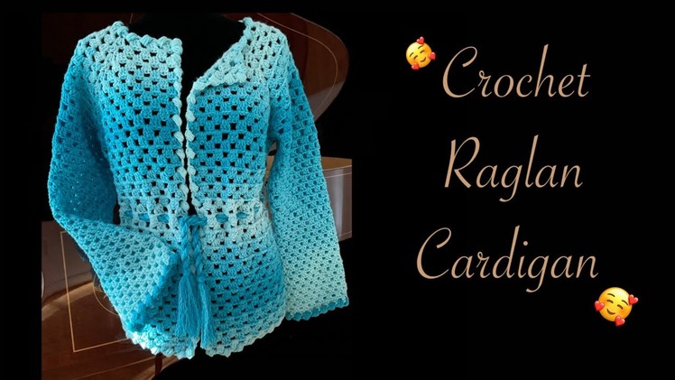 Crochet Raglan Granny Cardigan. Reversed Puff Stitch Border. Twist Belt