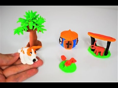 How to make a miniature polymer clay house, dog, cow tree | Diy clay