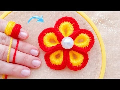 Super Easy Woolen Flower Making Ideas with Finger - Hand Embroidery Amazing Trick - Sewing Hack