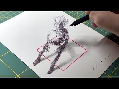 3D scribble with ballpoint pen - 3D sitting figure sketch - Artistic 3D doodle