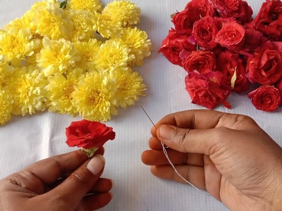 Small red Roses and yellow chamanthi flowers Beautiful Bridal poola jada making.Rose poola jada