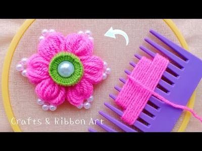 Super Easy Woolen Flower Making Ideas with Hair Comb-  Hand Embroidery Amazing Trick