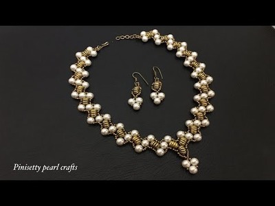 DIY.Golden Pumpkin beads necklace set tutorial.pearl with gold beads jewelry.beaded necklace making