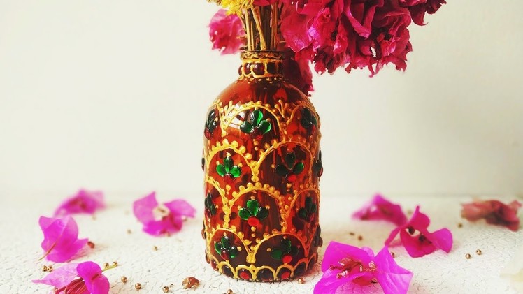 Diy Rajasthani art design on bottle. New and different idea to decorate bottle. Part-7